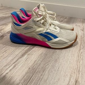 Reebok Nano x lifting shoes blue and pink.